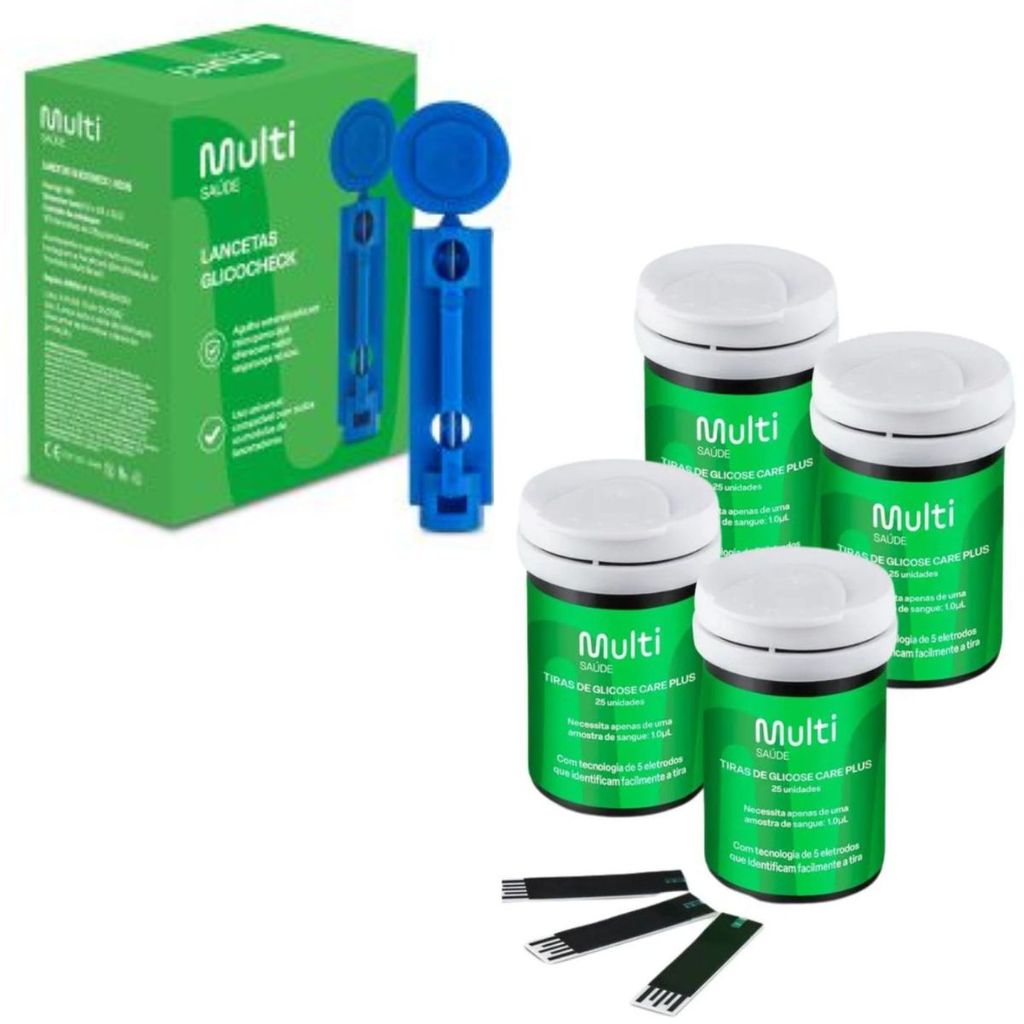 KIT 100 TIRAS DE GLICOSE + 100 MICROLANCETAS - MULTI SAÚDE
