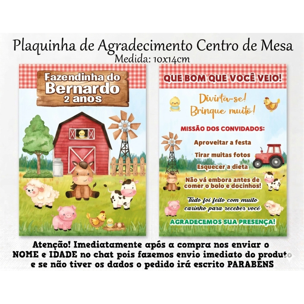 Plaquinha de mesa Centro Mesa Personalizado Lembrancinha Cartão Agradecimento Mesa Fazendinha Vermelho