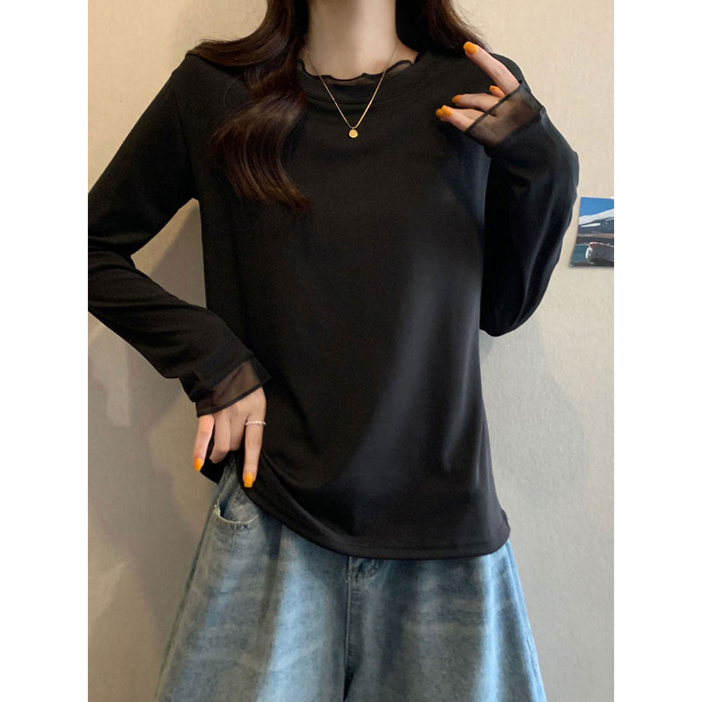 Malha renda costura manga comprida camiseta feminina primavera renda camisa de fundo High-End estilo ocidental exterior 