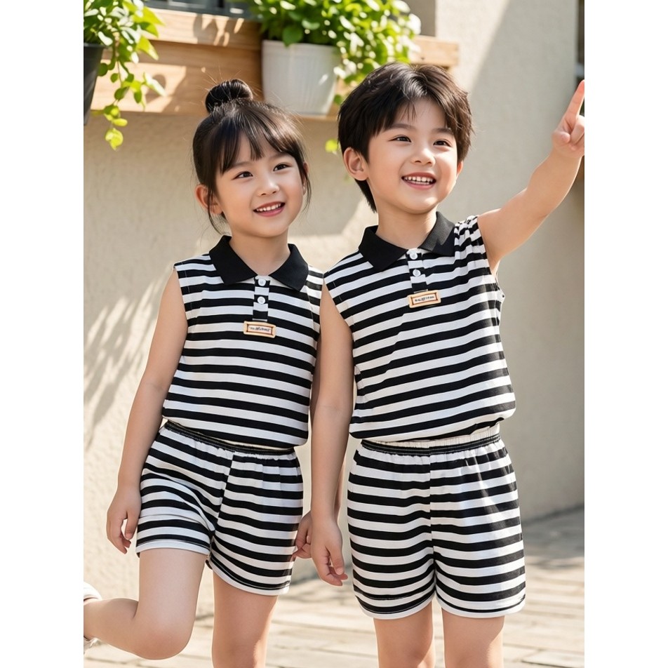 Crianças sem mangas conjunto de camiseta preto branco listrado lapela topo esportes conjunto de duas peças gola POLO men