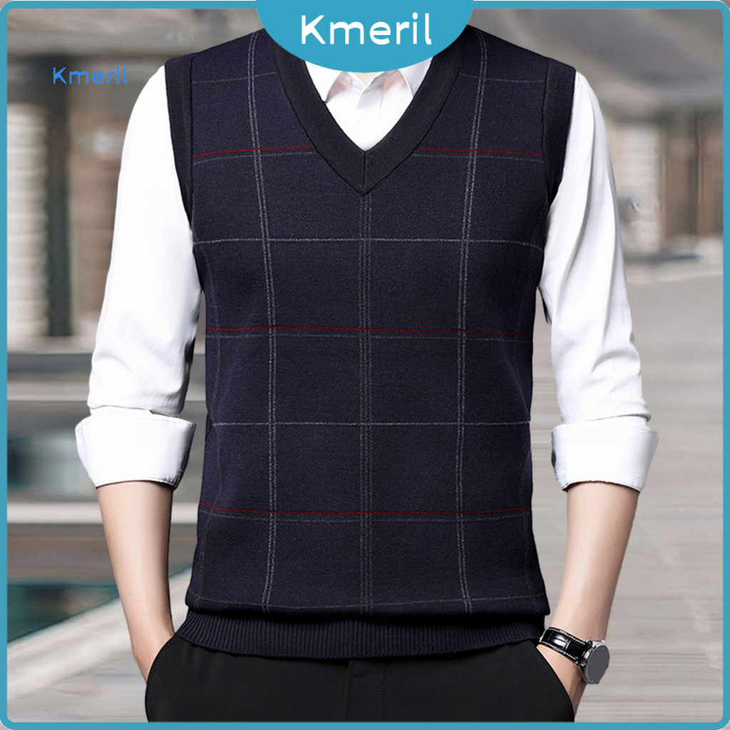 Men Sleeveless Sweater Vest Plaid Print Men's Spring Fall Knitted Loose Pullover with V Neck Soft Warm Elastic for Middl