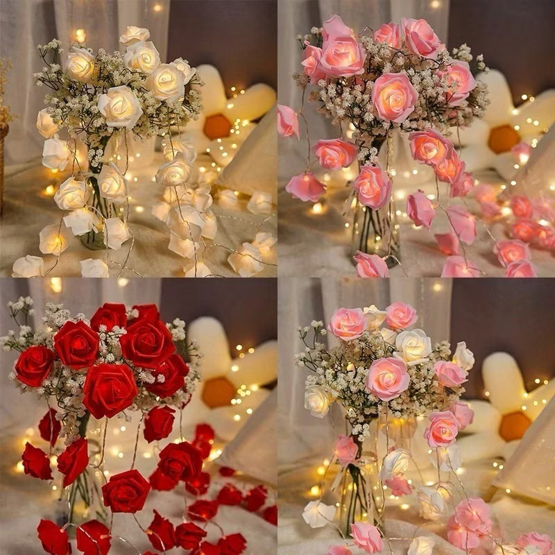 Buquê decorativo de rosas com luzes LED, dez rosas, flores artificiais para decoração de quarto, presente romântico.