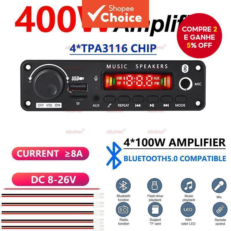 Placa Amplificadora Profissional Bluetooth 5.3 4x100W Alta Potência para Áudio Automotivo e Residencial Elite