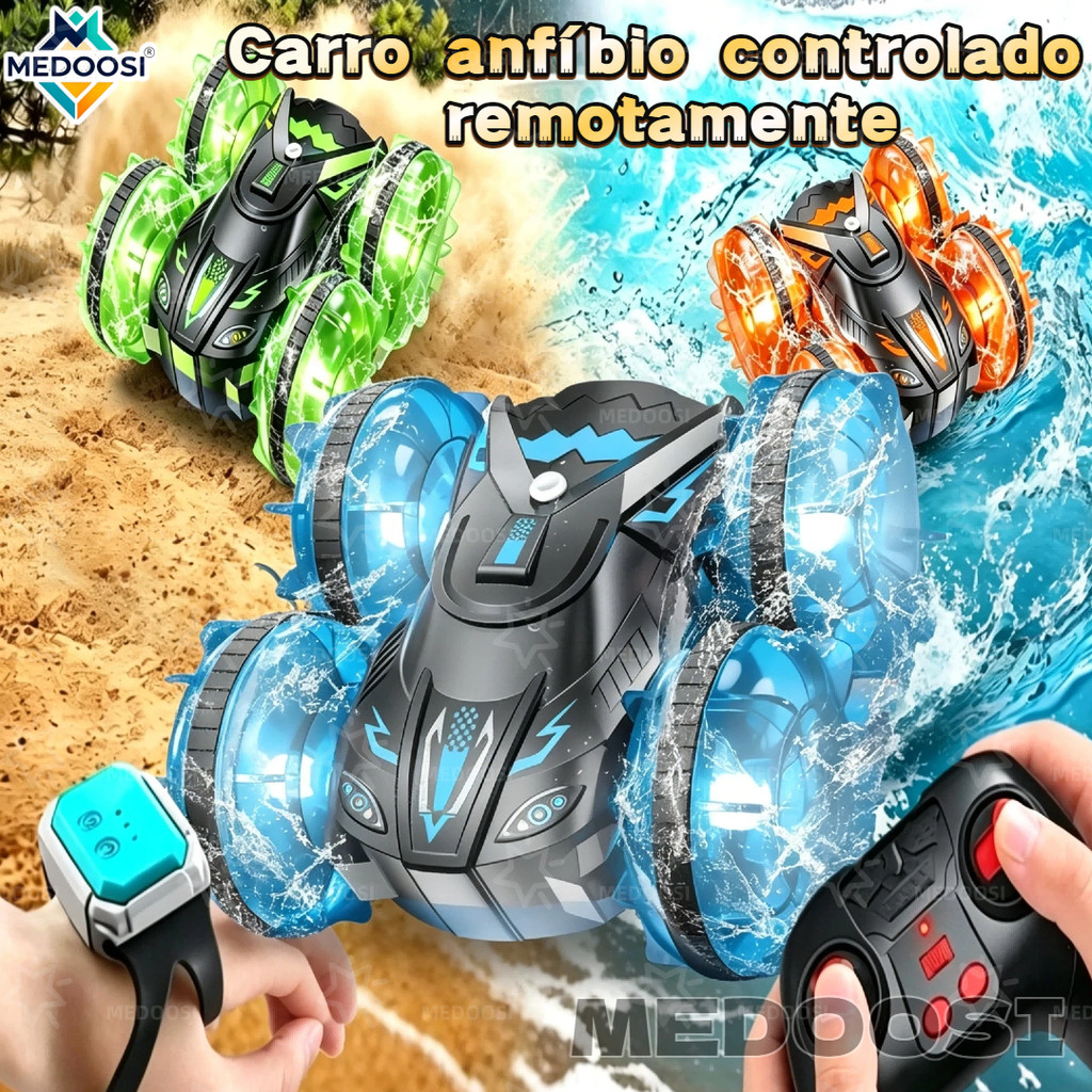 MEDOOSI Carrinho de Controle Remoto Anfíbio 4WD​ | Carro 360° com LED, Escalada e Torção para Todas Terrenos
