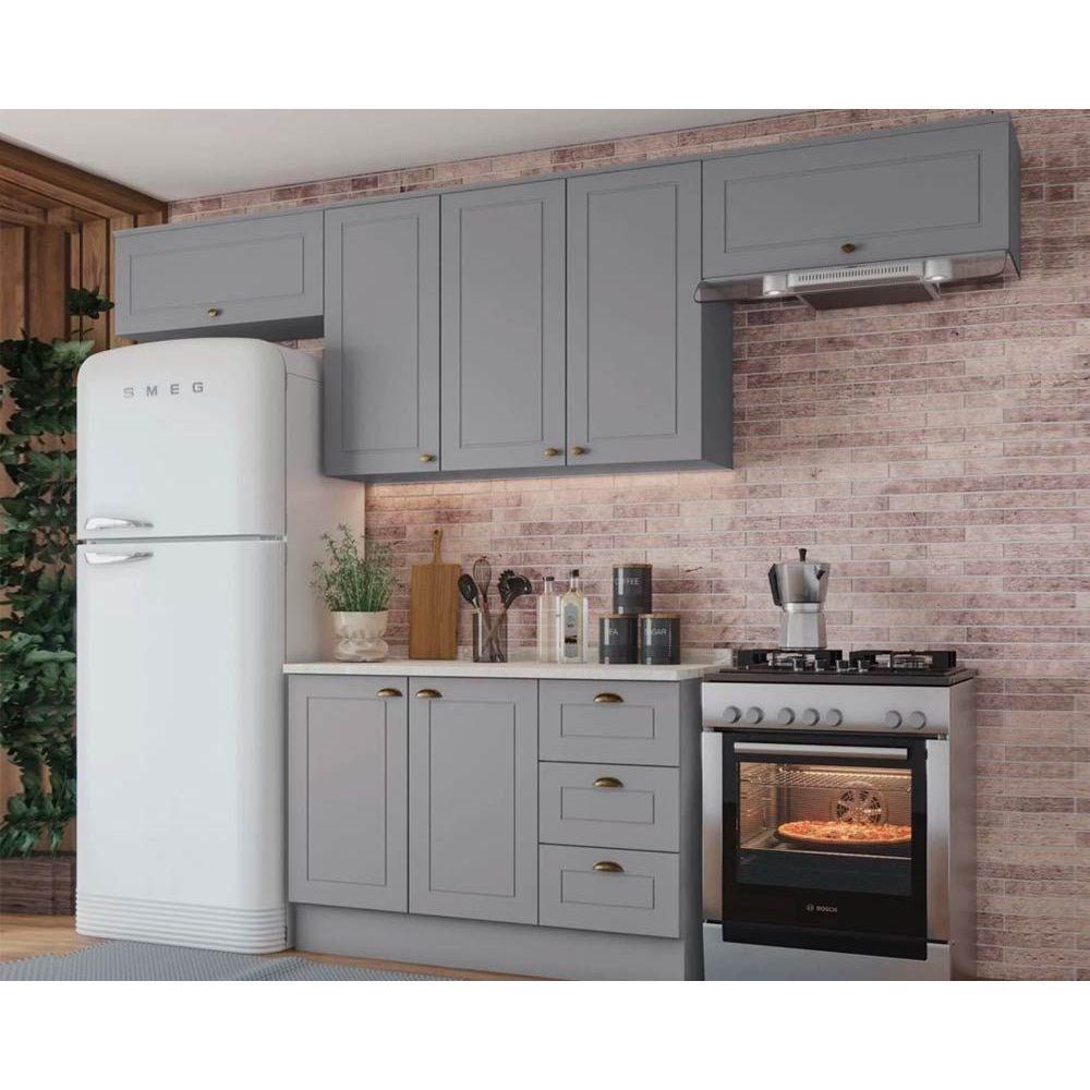 Cozinha Completa Americana 5 Peças (3 Aéreos + 1 Balcão + 1 Complemento) CZ134 Cinza - Henn