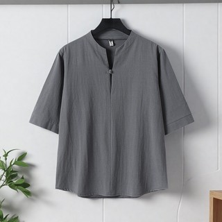Camiseta masculina de linho de manga três quartos de manga curta solta Retro estilo chinês verão com decote em v algodão