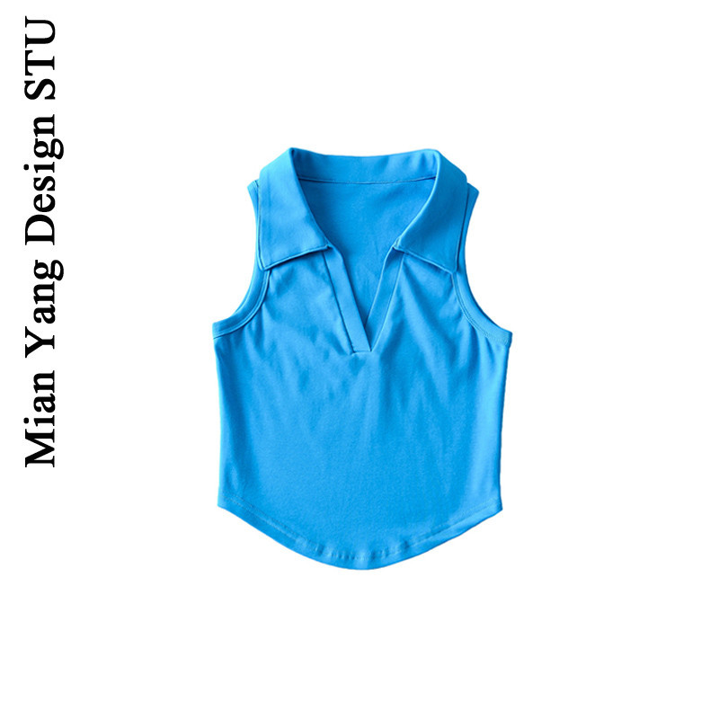 Algodão americano Retro quente estilo menina Sexy magro-ajuste com decote em V polo colete verão feminino BM menina curt