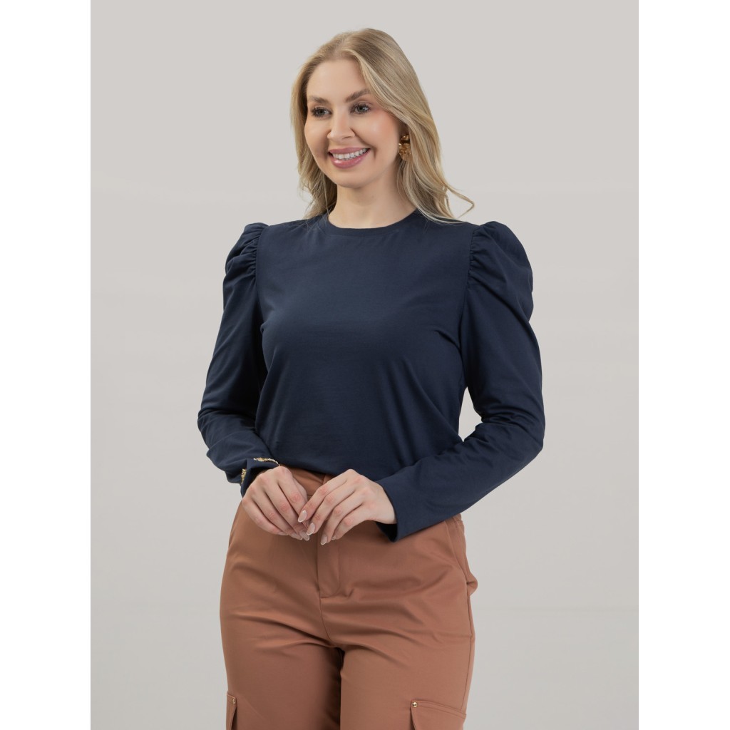 Blusa Feminina Manga Longa Bufante de Algodão Lisa Clara Marinho Blusa de Frio Inverno Estilosa