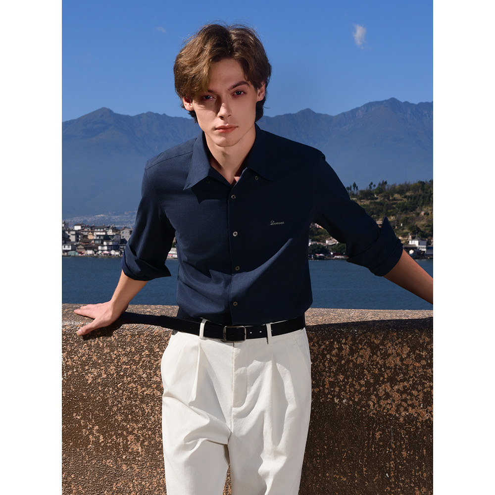 Aojia 25 primavera masculino negócios Casual manga comprida letras bordadas não-ferro camisa de algodão puro terno Forma