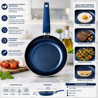 Frigideira Antiaderente Ceramica 22cm Azul Cozinha Resistente Duravel Facil Limpeza