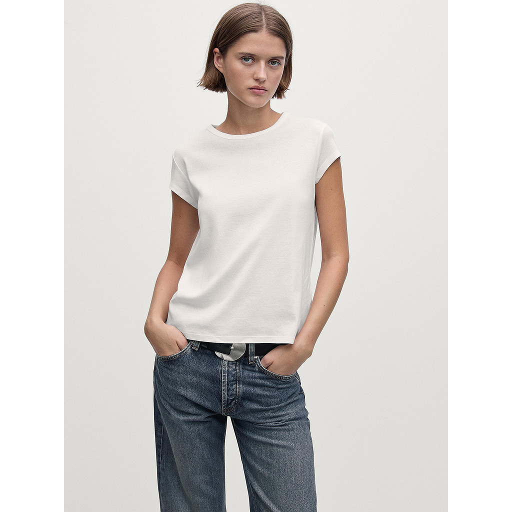 MD Roupas femininas estilo básico estilo Casual branco puro algodão estilo ombro genuíno gola redonda camiseta de manga 