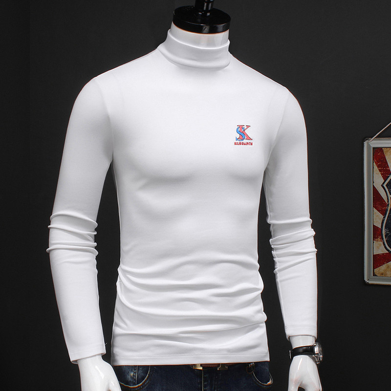 2025 outono camiseta masculina camisa de fundo masculina de manga comprida gola alta magro ajuste mercerizado algodão co