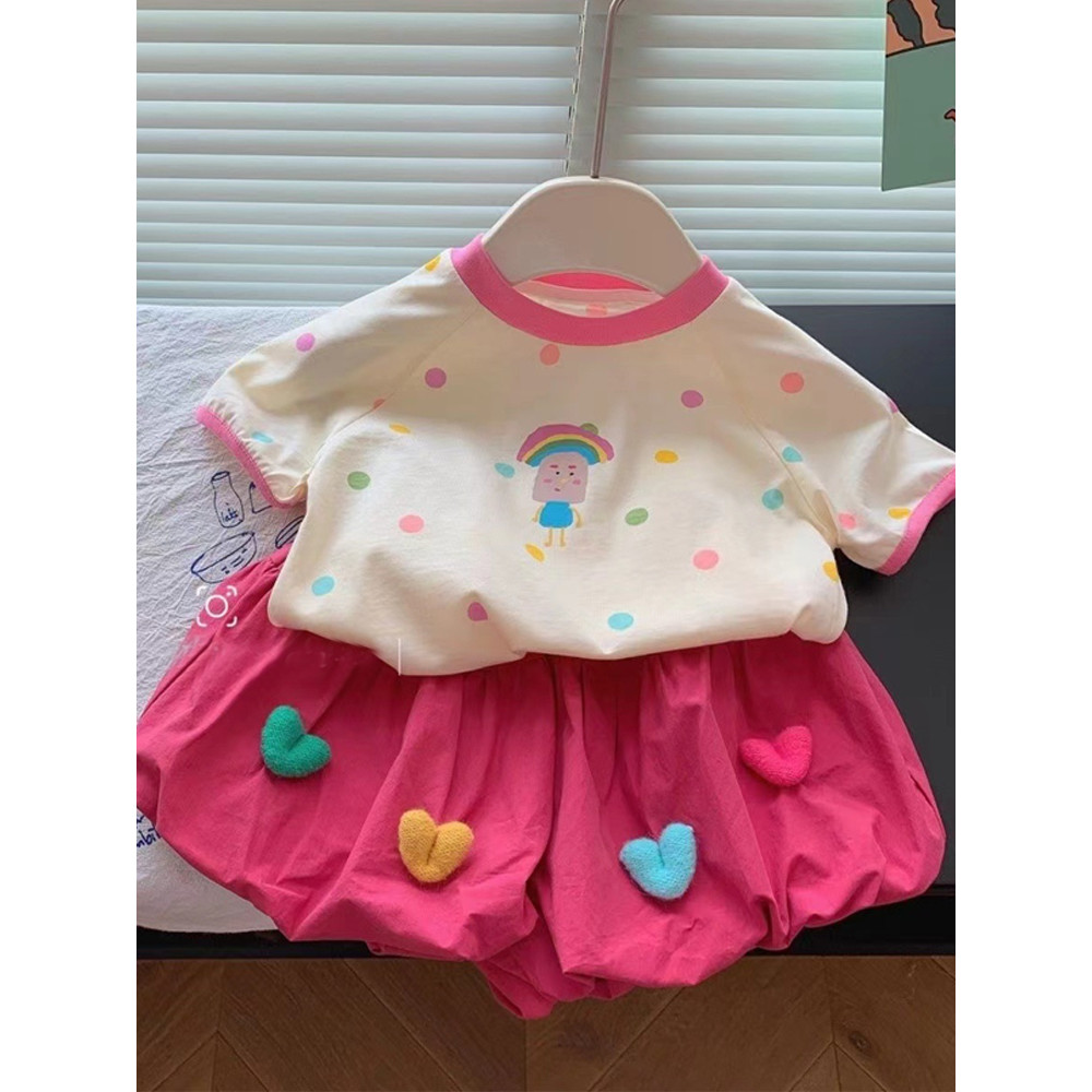Meninas terno de verão 2025 novo estilo bebê menina moda bolinhas manga curta crianças moda coreano curto terno de duas