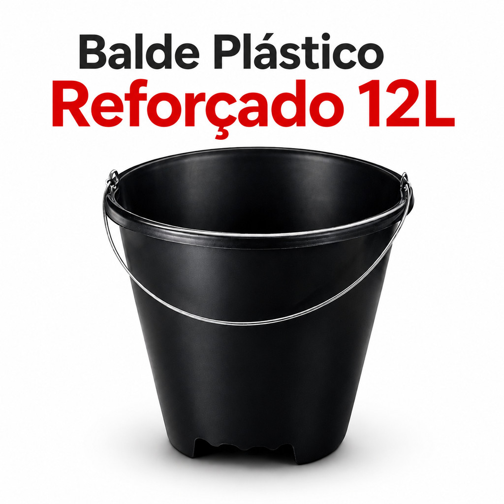 Balde Plástico Reforçado 12L com Alça Resistente Limpeza Obra Lavanderia Uso Profissional Forte