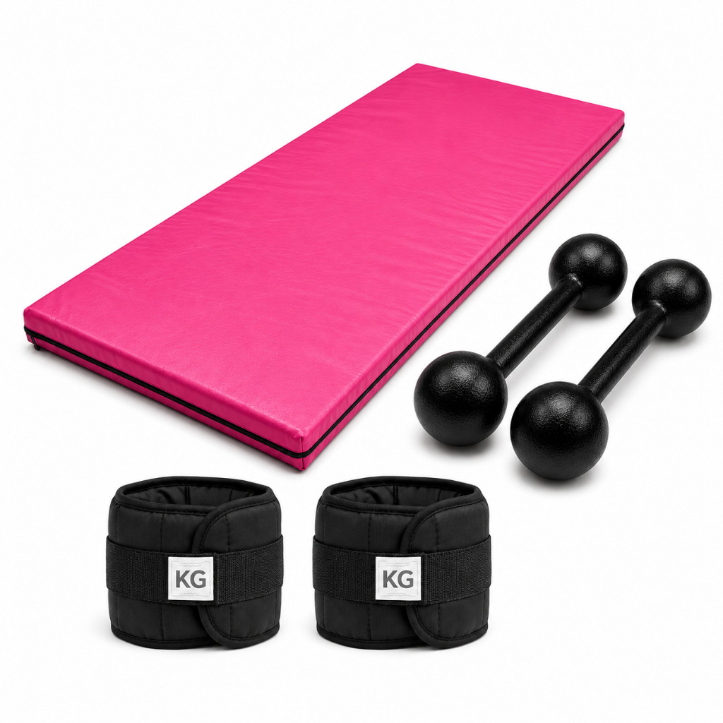 -Promo KIT FITNESS COMPLETO COLCHONETE ROSA + PAR 3KG HALTER BOLA + PAR 3KG CANELEIRA PRETO | TREINO EM CASA OU ACADEMIA