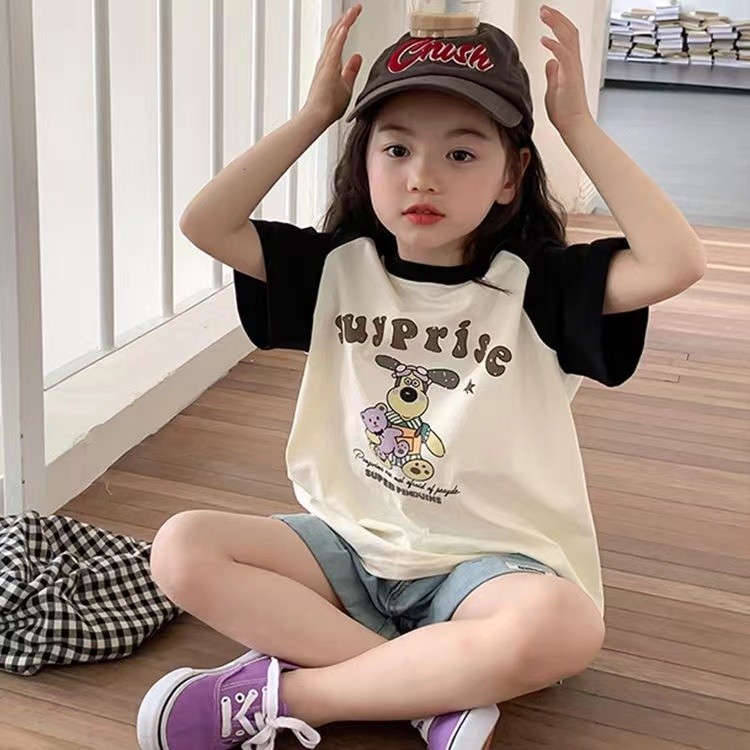 Meninas mangas Raglan contraste cor de manga curta camiseta verão novo estilo crianças bebê estilo coreano moda dos dese