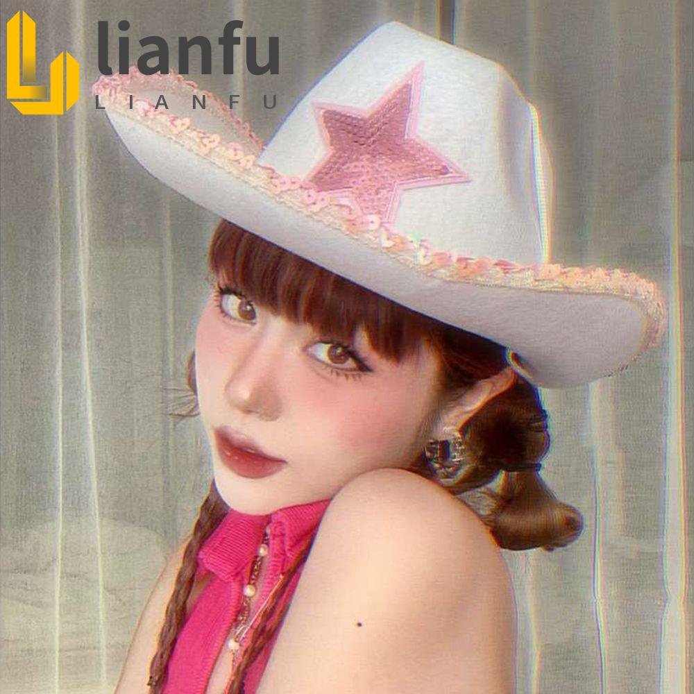 Chapéu De Cowboy LIANFU Branco Fashion Rosa Estrela Lantejoulas Cordão À Prova De Vento Stetson