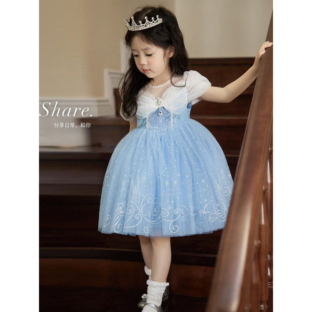 Frozen verão novo estilo elsa vestido de princesa médio pequeno crianças gaze inchado vestido elsa vestido de verão