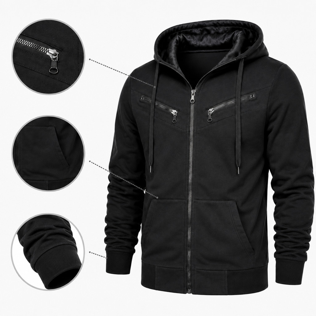 Moletom Masculino Preto Slim com Capuz e Zíper Casual Premium – Blusa de Frio Moderna