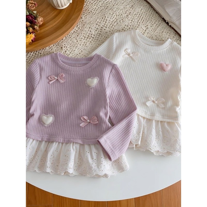 Meninas camisa de fundo primavera outono roupas crianças estilo ocidental arco camiseta meninas bebê renda topo