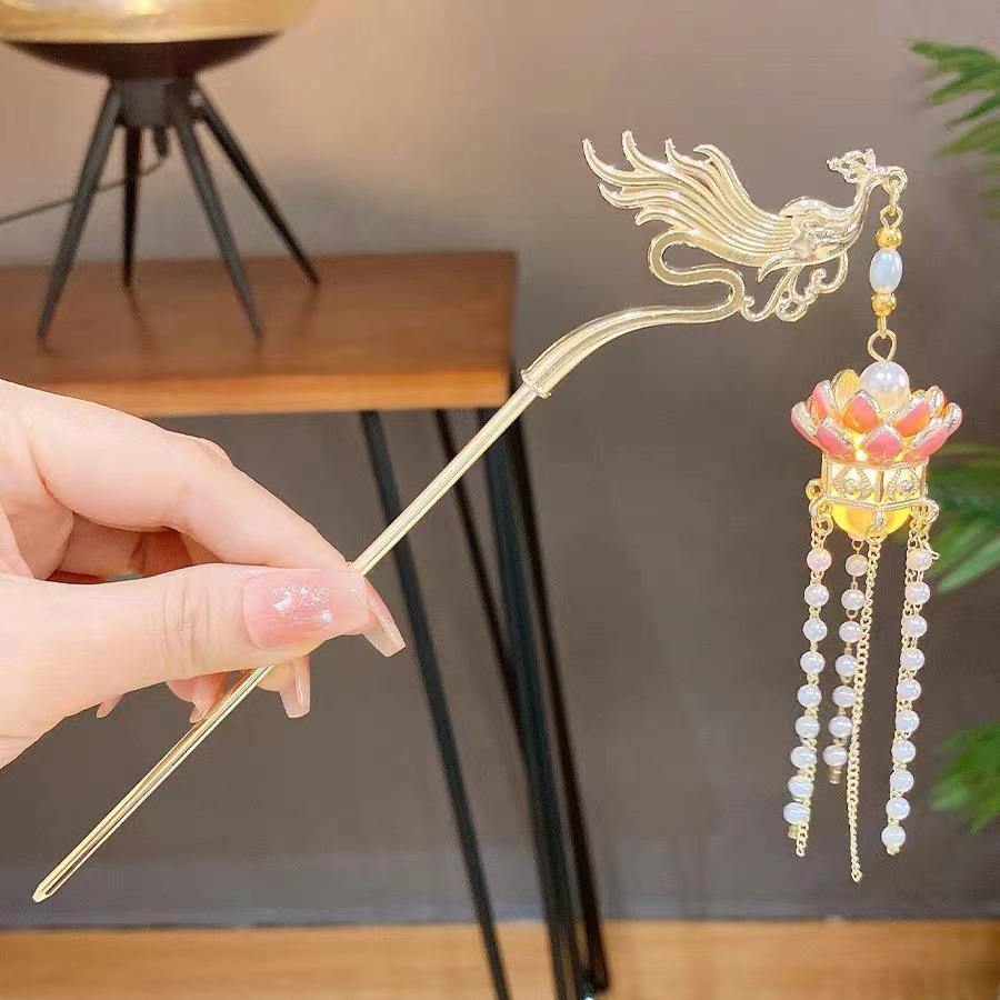 Estilo chinês lótus palácio lanterna hairpin feminino antigo Hanfu Cheongsam passo agitando luminoso lótus hairpin Super