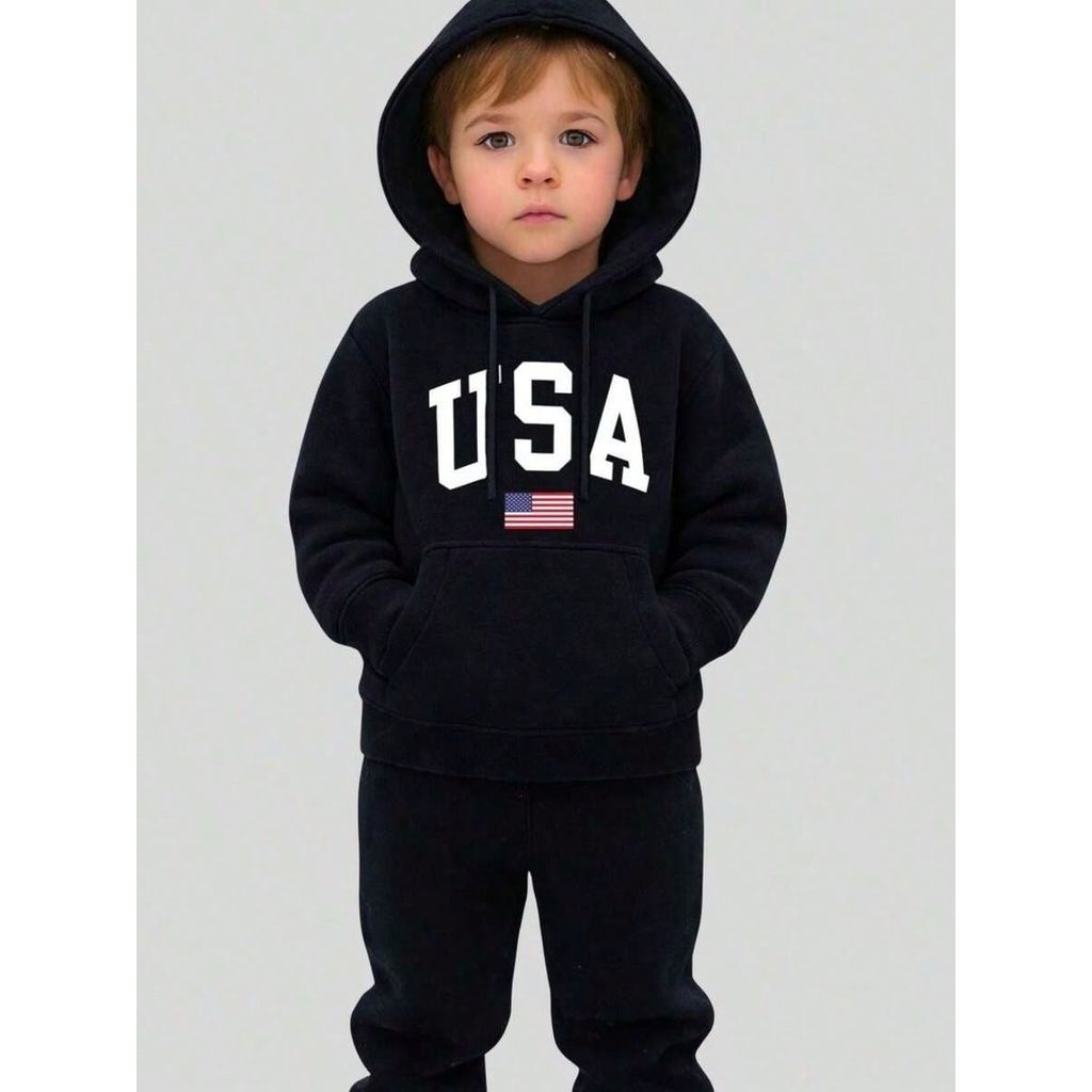 Kit Conjunto Moletom Infantil Estampado USA Blusa de Frio Canguru Kit Calça Blusao Algodão