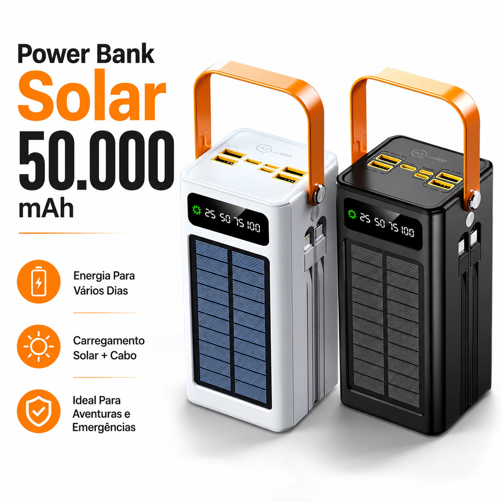 Power Bank Solar 50000mAh Com 4 USB E Carregamento Rápido Para Viagem 