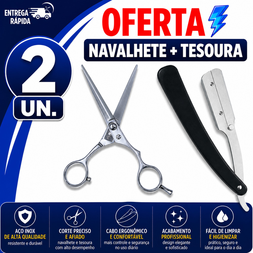 TESOURA BARBEIRO 6'' + NAVALHA INOX PROFISSIONAL ACABAMENTO CABELO BARBA PREMIUM