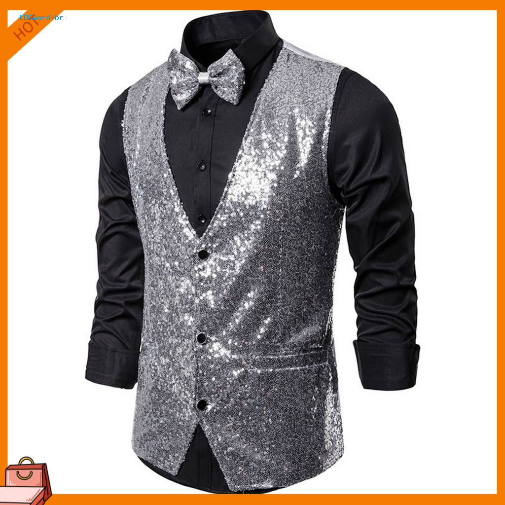 Solid Color Sleeveless Vest Jacket Classic Men Men's Sequin Bow Tie Set Slim Fit Waistcoat Single-breasted V-neck Cardig