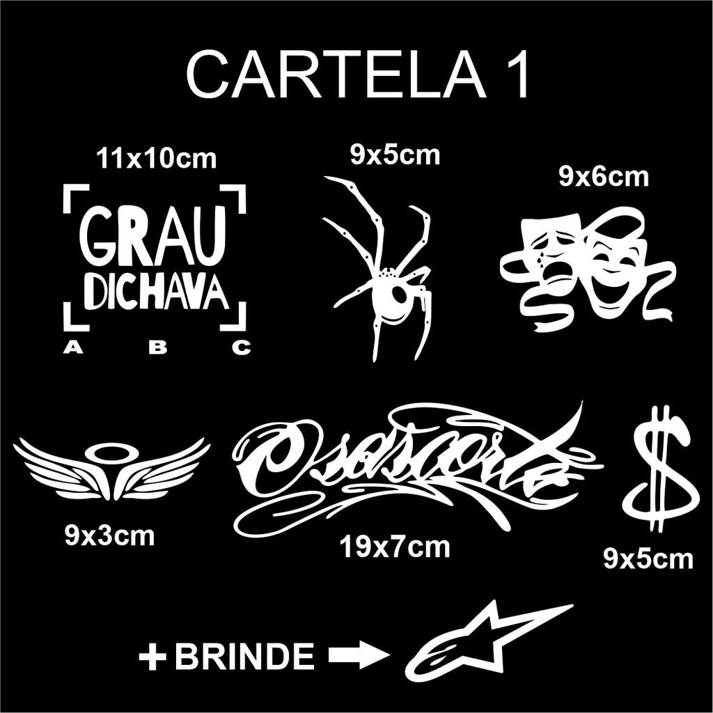Cartela adesivos grau dichava osascorte aranha anjo chora agora e cifrão bicicleta bike moto carro