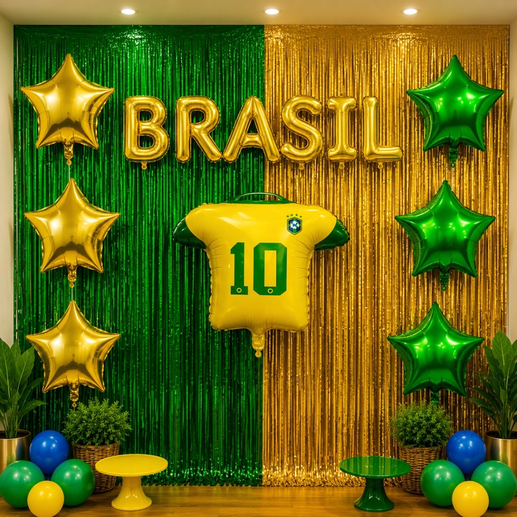Kit Decoração Brasil Copa do Mundo Futebol Cortinas Metalizadas + Balões Letras + Estrelas Decoração Futebol Torcida