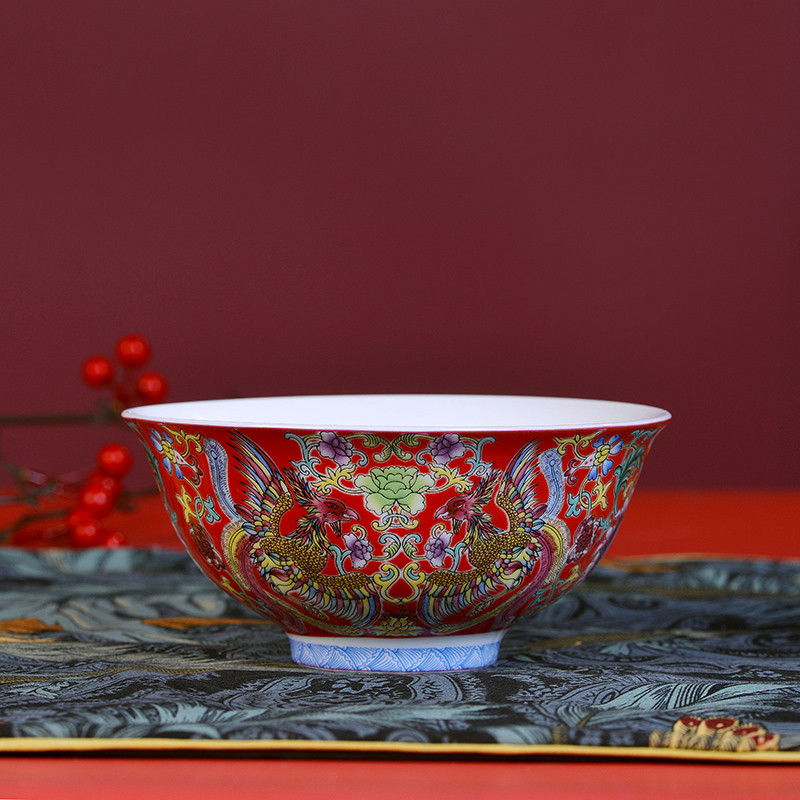 Jingdezhen Pastel Cerâmica Phoenix Padrão Tigela Chinesa Doméstica Cerâmica Tigela de Arroz Tigela de Mingau Grande Tige