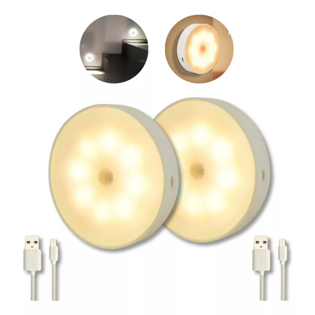 2 Lâmpada Led de Parede com Sensor de Movimento de 8 LEDs Recarregável por USB