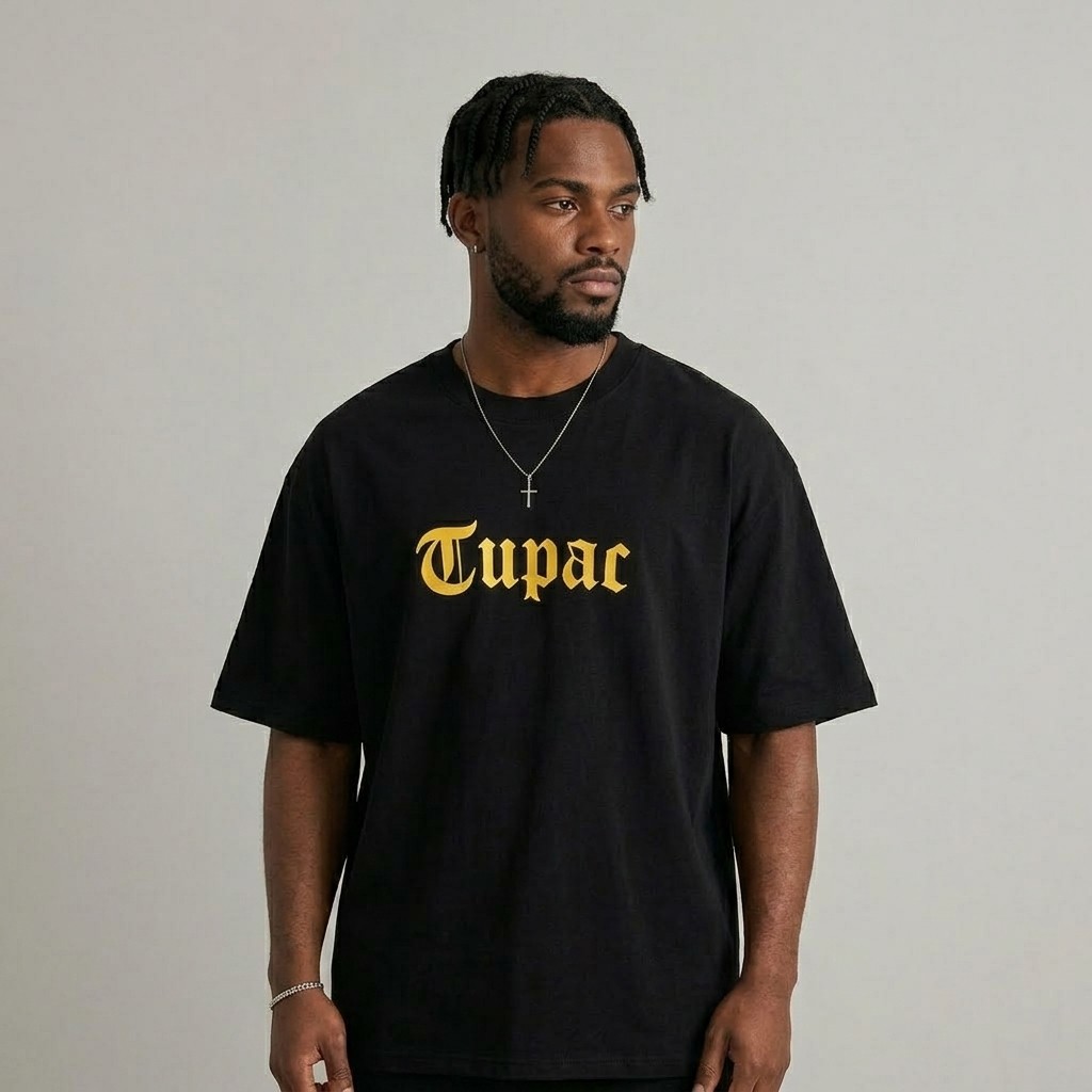 Camisa Tupac 2Pac Preta Dourada Look Malandro Urbano Rap Clássico