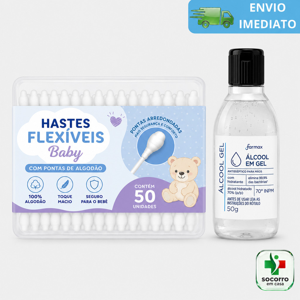 Kit Coto Umbilical Hastes Flexiveis Baby Limpeza Coto e Ouvidos com Segurança Cotonete Anti Germes