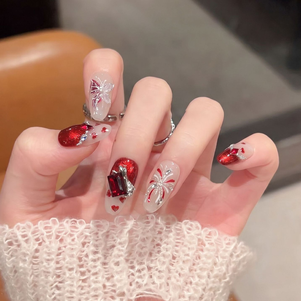 [FEITO À MÃO+Cola Grátis] Unhas Artificiais com Efeito Fogo-de-Artifício e Dança de Borboleta, Cristal Olho de Gato, Bor