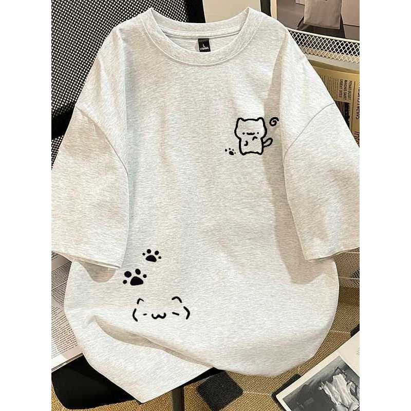 Meninas puro algodão estilo preguiçoso camisetas de manga curta médio grande crianças meninas simples gatinho impressão 