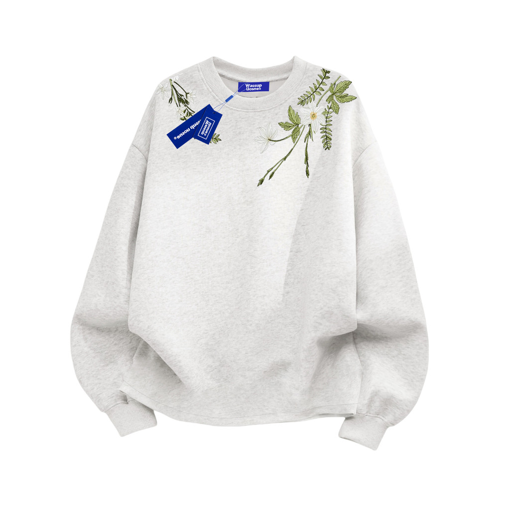 Algodão puro bordado flor de manga comprida camiseta masculino feminino estilo 2025 novo estilo primavera outono juventu