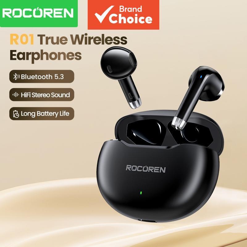 Rocoren R01 Fones de ouvido sem fio Bluetooth TWS, fones de ouvido estéreo de alta fidelidade de longa duração, fones de