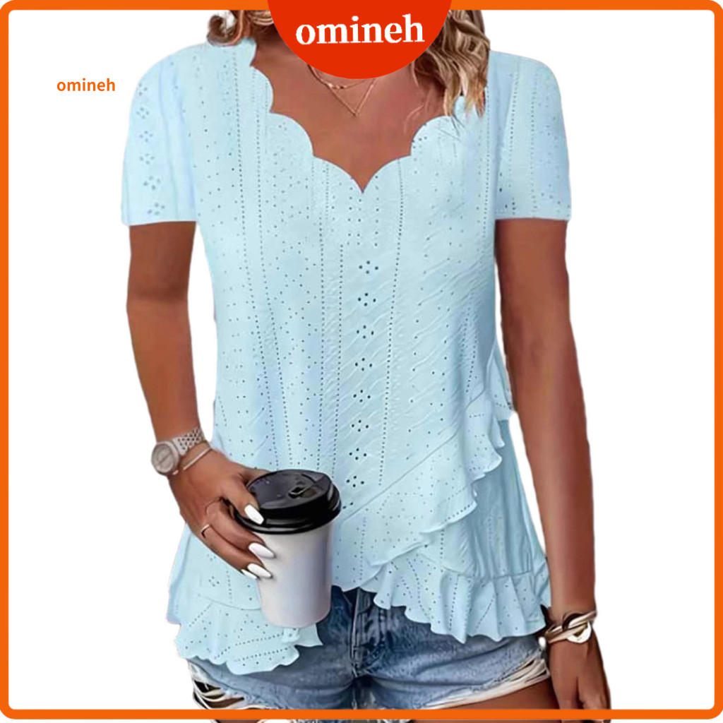 Tee Shirt Women V-neck Tops Short Sleeve Jacquard Top Loose Fit Pullover Blouse Work Party Vacation Lightweight Summer f