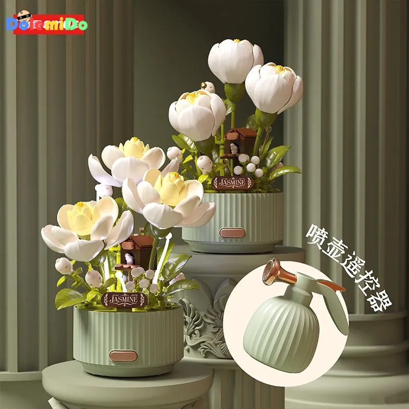 Nova planta dinâmica de jasmim que rega e floresce automaticamente, flor de blocos de montar DIY, presente de decoração