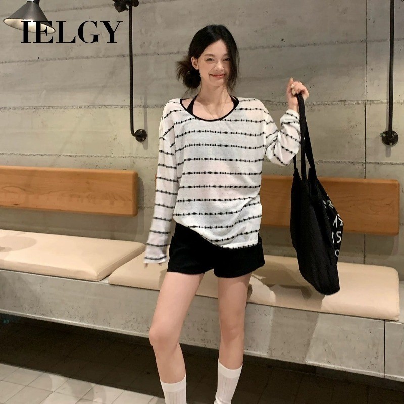 IELGY Blusa protetora solar oca listrada de manga comprida camiseta feminina verão roupa externa Loo