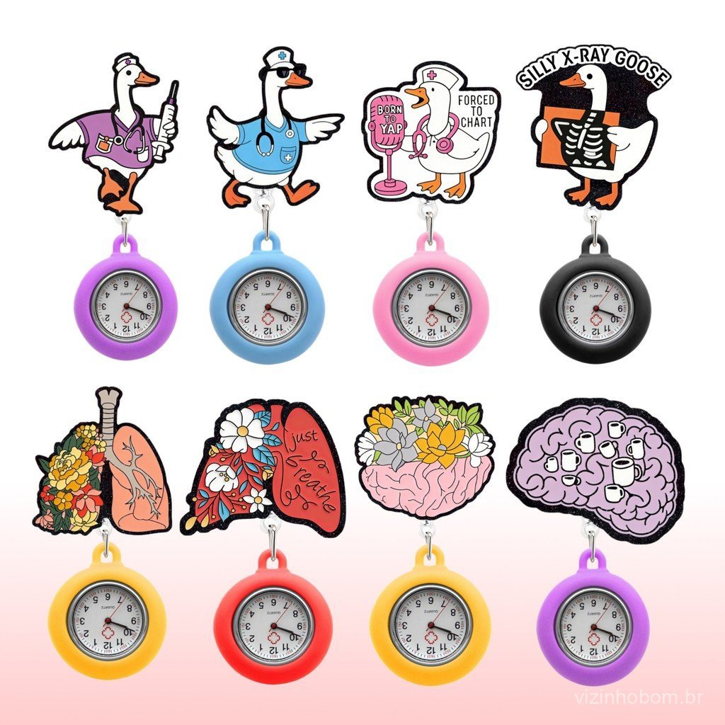 Relógio de bolso médico de silicone com desenho animado, relógio de peito retrátil para enfermeiros e médicos, relógio d
