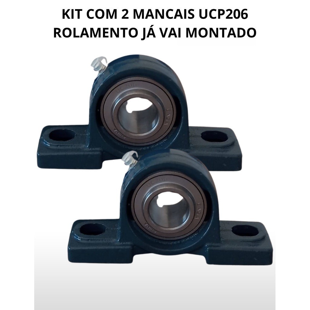 Kit 2 UCP206 Mancal Pedestal P206 E Rolamento UC206 Rígido Esferas Para Eixo 30mm Completo Indústria Com Pino Graxeiro