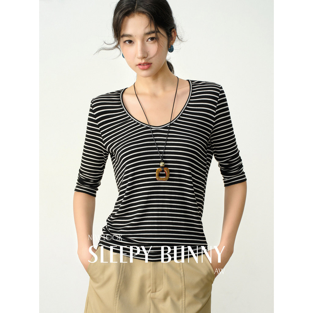 SLEEPYBUNNY Lyocell Tencel Lã Preto Branco Listrado Camiseta Feminina Elástica Slim-fit Slimmer Look Interior Top