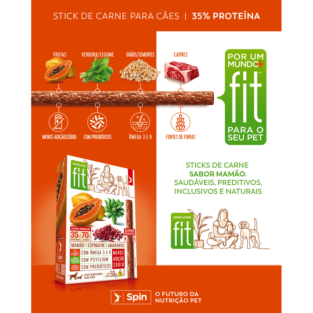 Petisco Saudável p/ Cães Spin Fit Mamão Espinafre Cártamo | Stick 50g | Ômega 3 e 6 | Prebiótico | Baixo Sódio| Psyllium