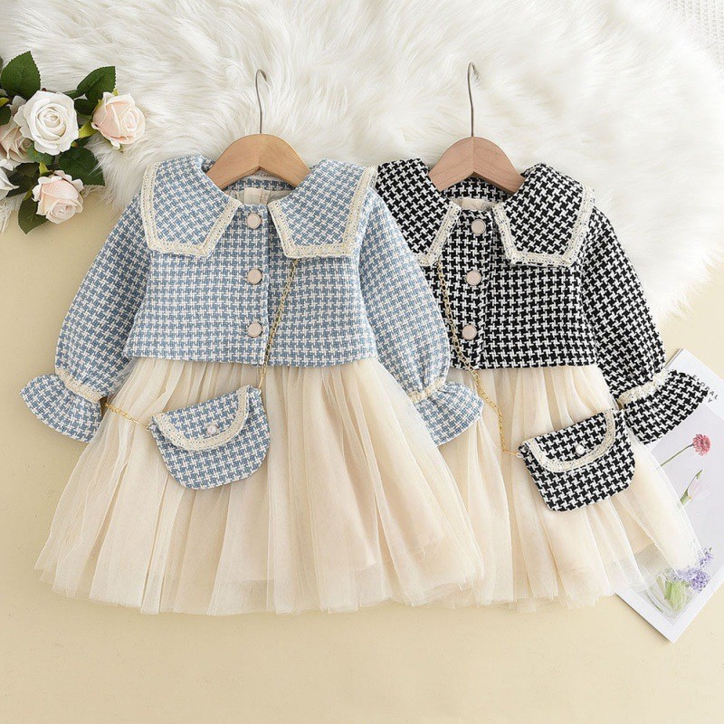 Feminino bebê grande lapela jaqueta + colete saia de gaze + pequena bolsa de ombro conjunto de três peças coreano menina