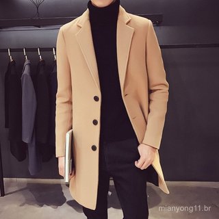 Moda Masculina Longo Sobretudo Parka Mistura De Lã Negócios Casual Trench Coat Estilo Jaqueta .