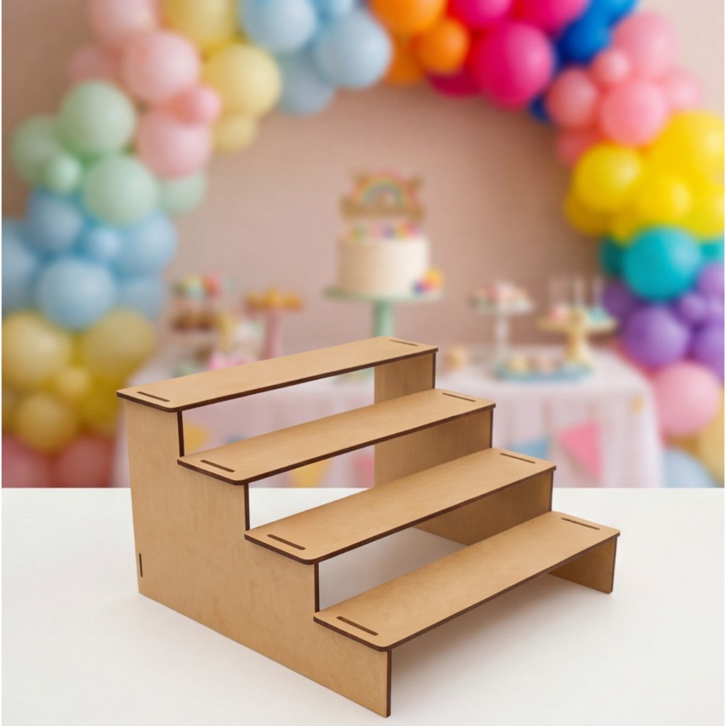 Suporte Escada MDF 4 Níveis Cru Exposição Feira Artesã Stand Lembrancinha 26x26 Sem Parafuso