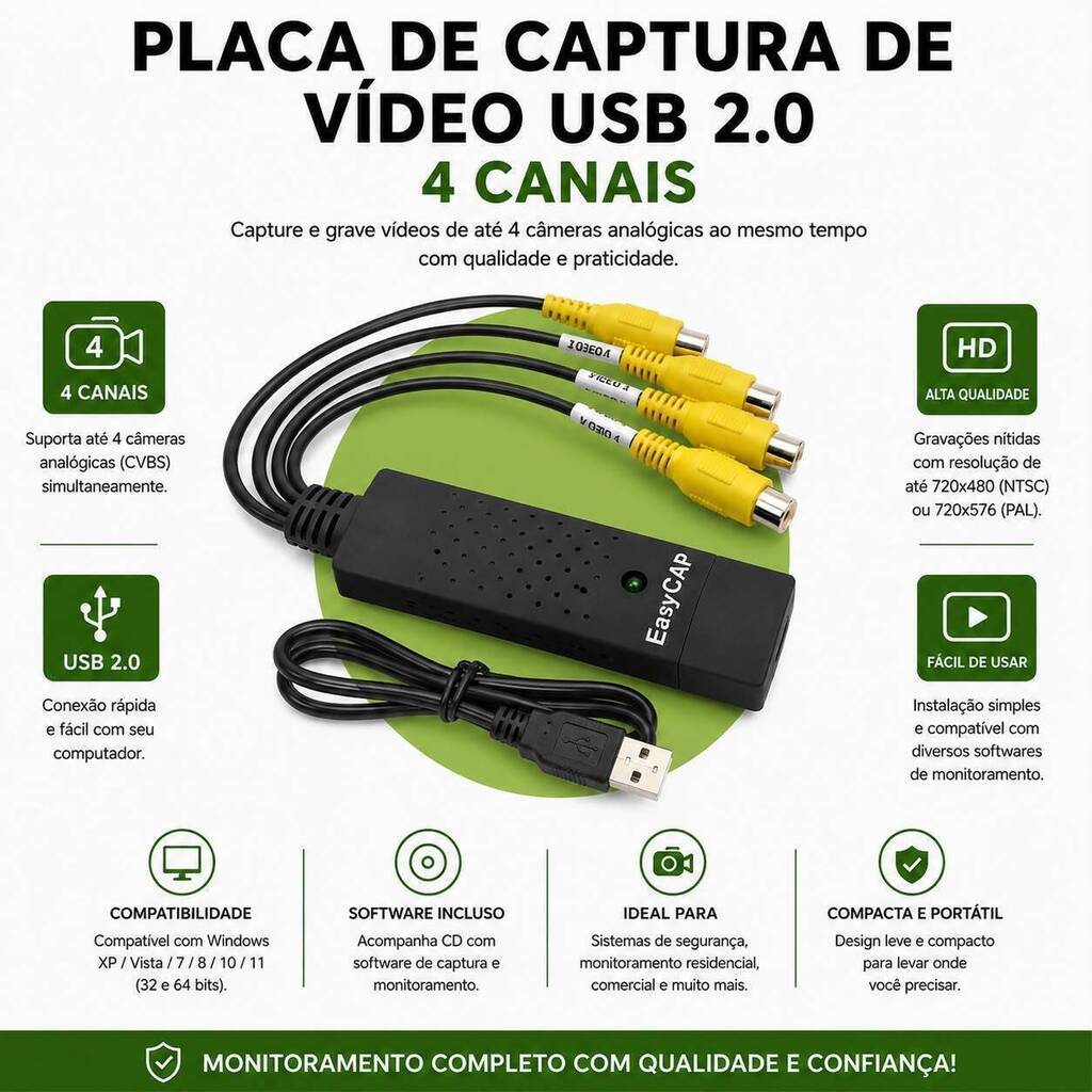 Placa De Captura de Vídeo USB 2.0 4 Canais